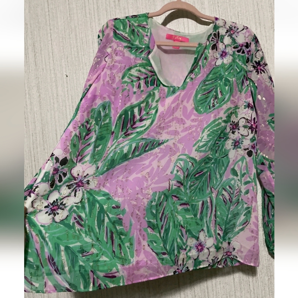Lilly Pulitzer Size Medium Aaron Silk Top In Magnolia Lilac Leidees Night - Picture 9 of 12